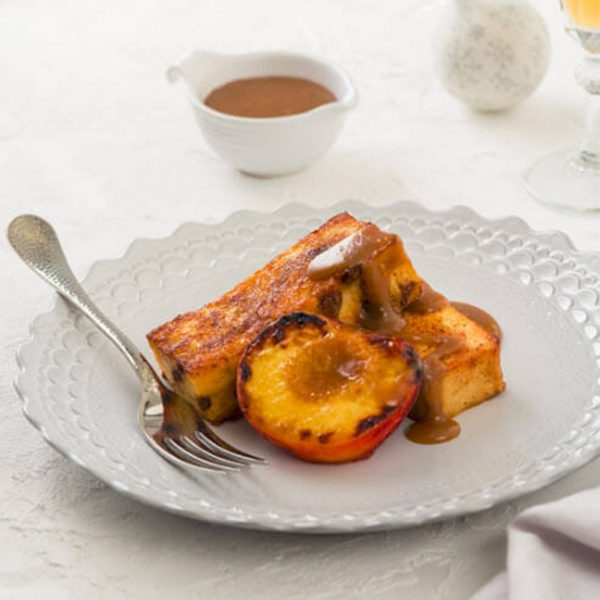 Panettone French Toast with Grilled Peaches and Caramel Sauce Panettone French Toast with Grilled Peaches and Caramel Sauce
